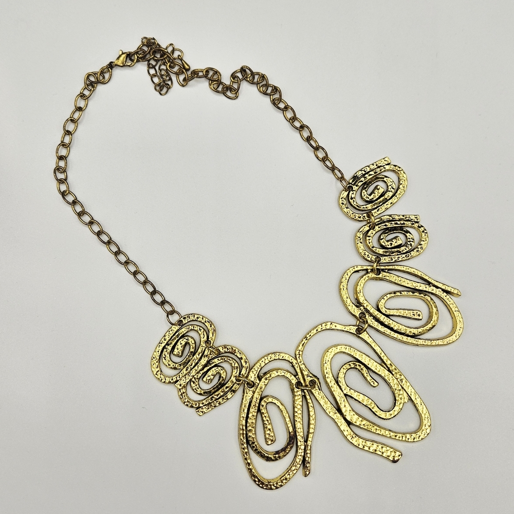 Vintage Hammered Spiral Design Antique Gold Finish Statement Necklace